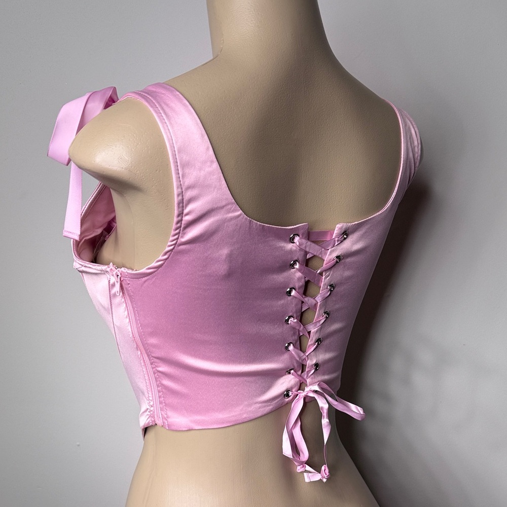 AKIRA Pink Satin Crop Top with Cherry Embellishments - Picture 4 of 6